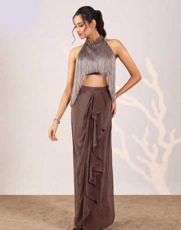 Trendy Brown Tassel Work Blouse Drape Set Contemporary Ethnic Statement