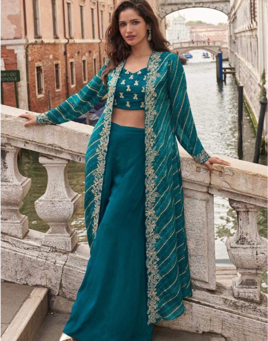Trendy Festive Look in Green Chinon Jacquard Silk Front & Back Embroidered Shrug with Hand-Embellished Mirror Work Blouse & Palazzo - Buy