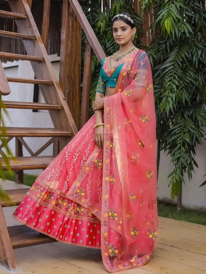 Turquoise Baby Pink Lehenga with Dupatta- Rent