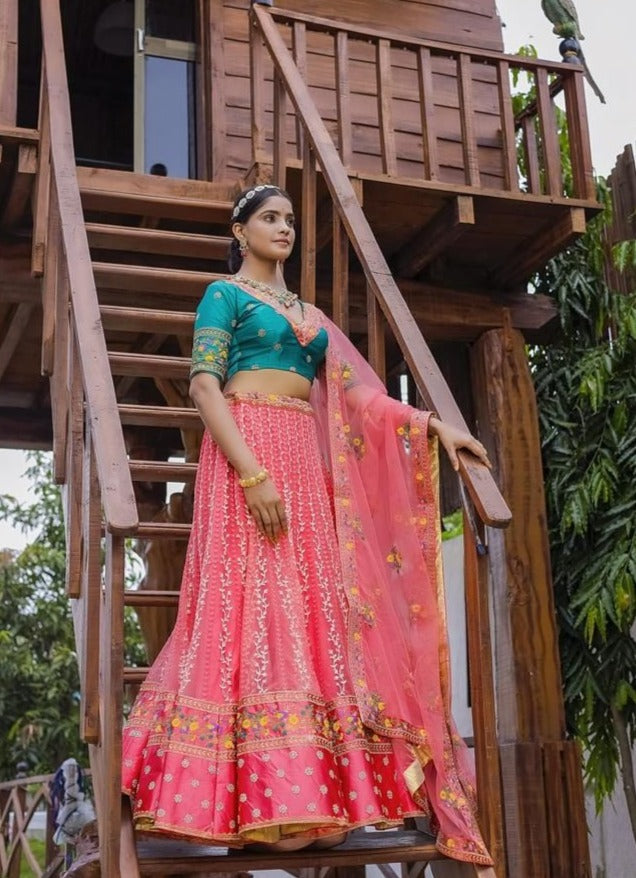 Turquoise Baby Pink Lehenga with Dupatta- Rent