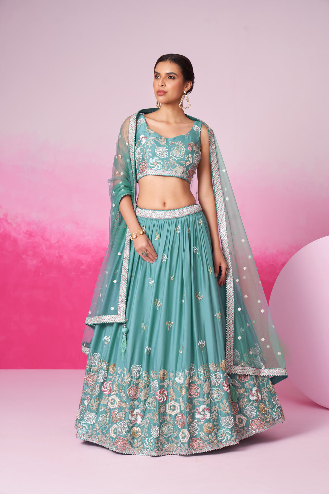 Turquoise Blue Net Multi Sequins with Heavy Zarkan Lehenga Choli & Dupatta - Rent