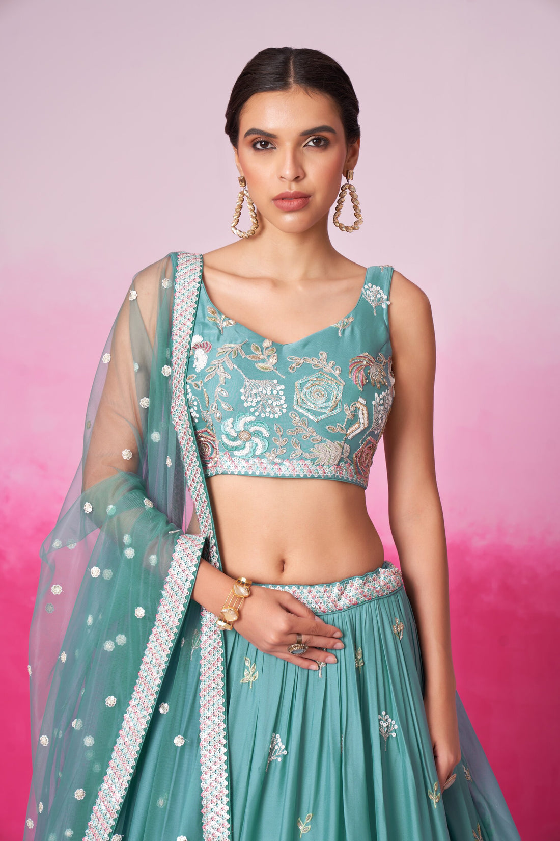 Turquoise Blue Net Multi Sequins with Heavy Zarkan Lehenga Choli & Dupatta - Rent