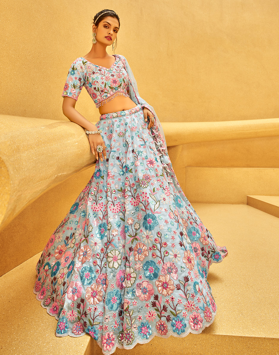 Turquoise Blue Organza Zarkan Sequin Embroidery Semi-Stitched Lehenga Choli & Dupatta