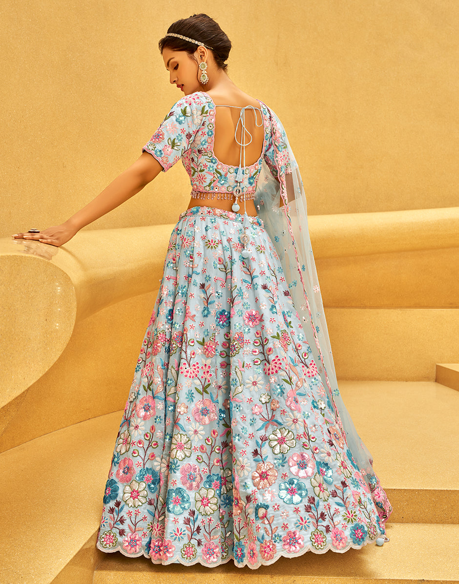 Turquoise Blue Organza Zarkan Sequin Embroidery Semi-Stitched Lehenga Choli & Dupatta