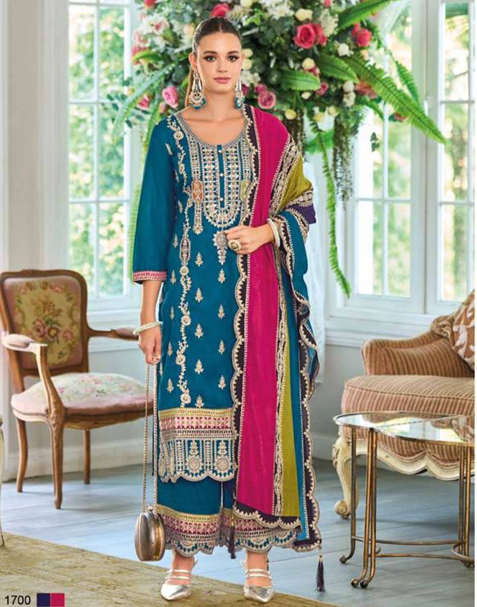 Turquoise Embroidered Sequence Work Kurta Palazzo & Dupatta Set