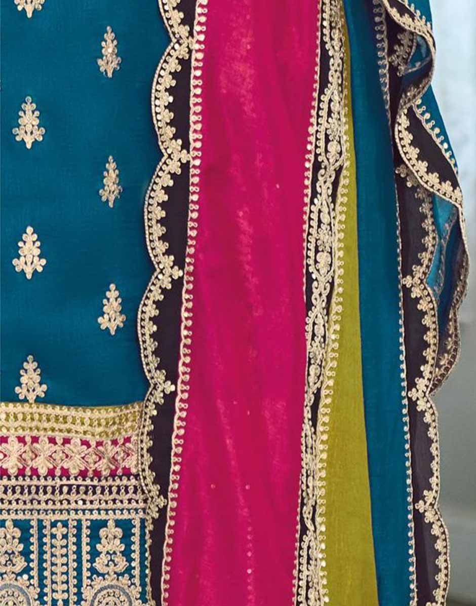 Turquoise Embroidered Sequence Work Kurta Palazzo & Dupatta Set