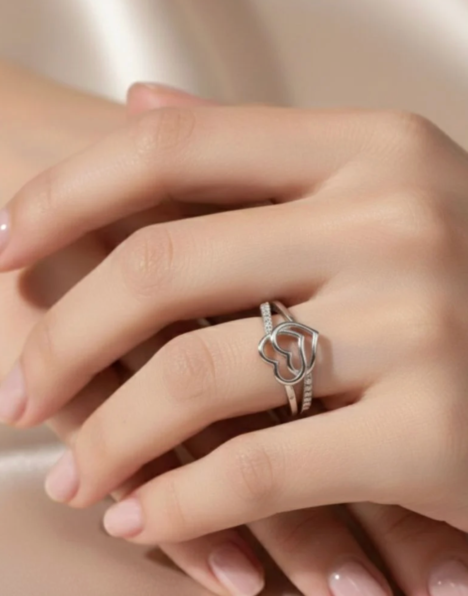 Twin Heart Sparkle Adjustable Ring - Buy