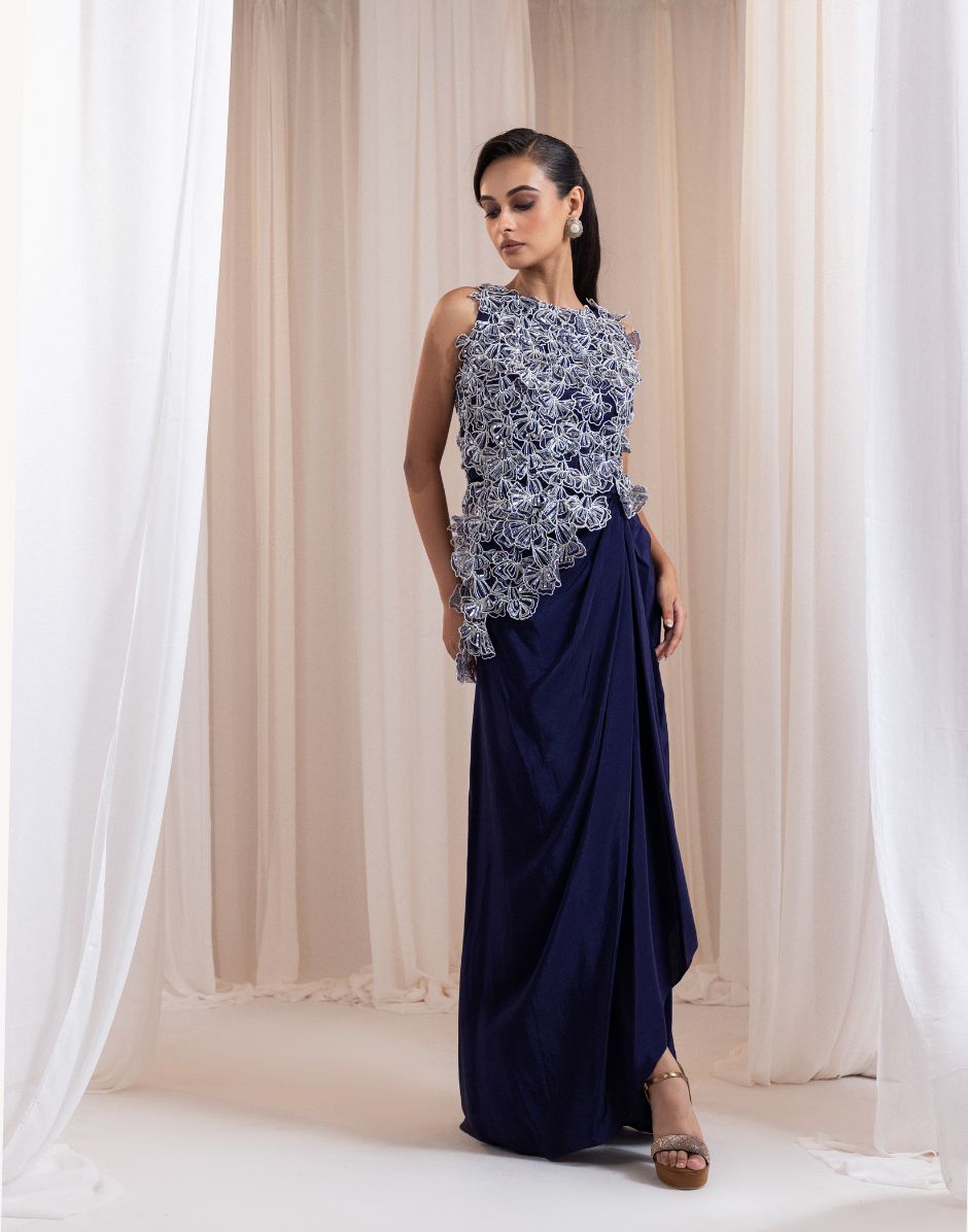 Two-Piece Set in Deep Indigo Blue with 3D Floral Embroidered Top & Sculpted Knot-Drape Skirt