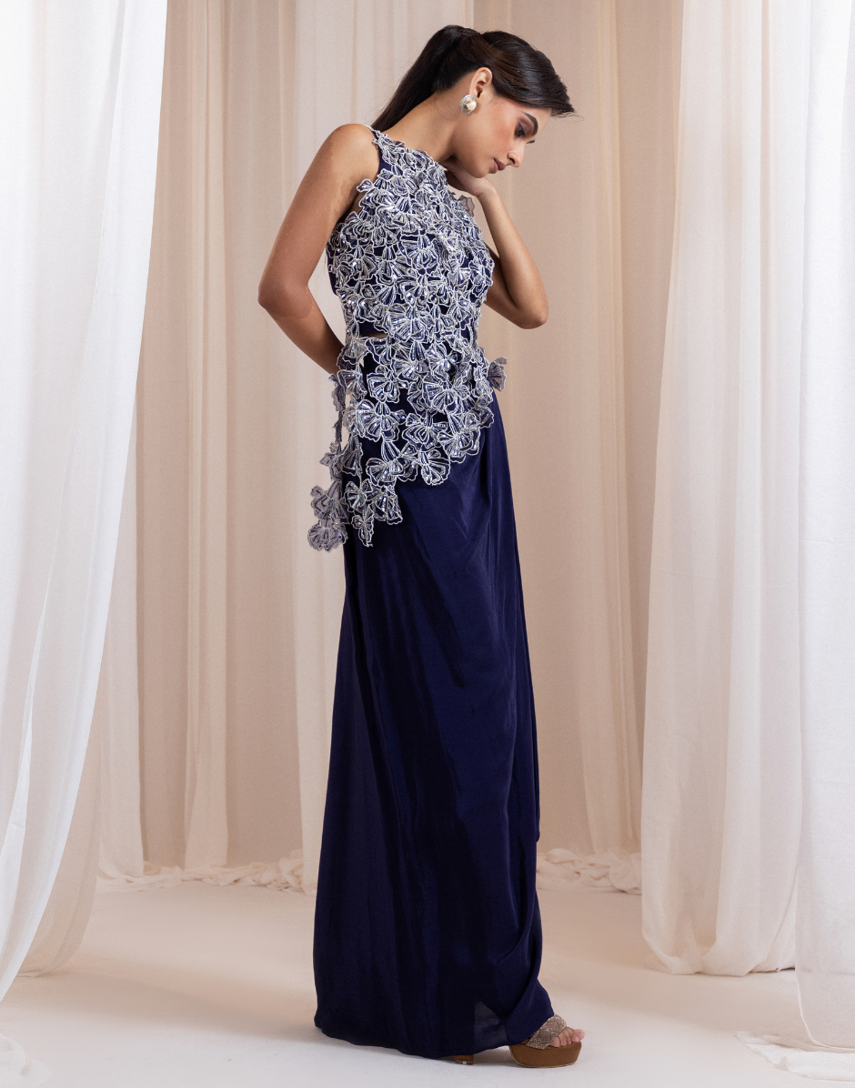 Two-Piece Set in Deep Indigo Blue with 3D Floral Embroidered Top & Sculpted Knot-Drape Skirt_1