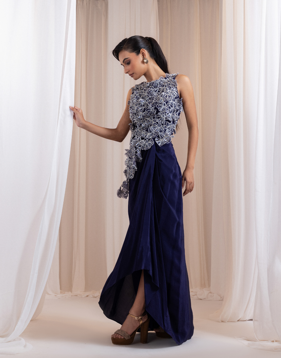 Two-Piece Set in Deep Indigo Blue with 3D Floral Embroidered Top & Sculpted Knot-Drape Skirt_2