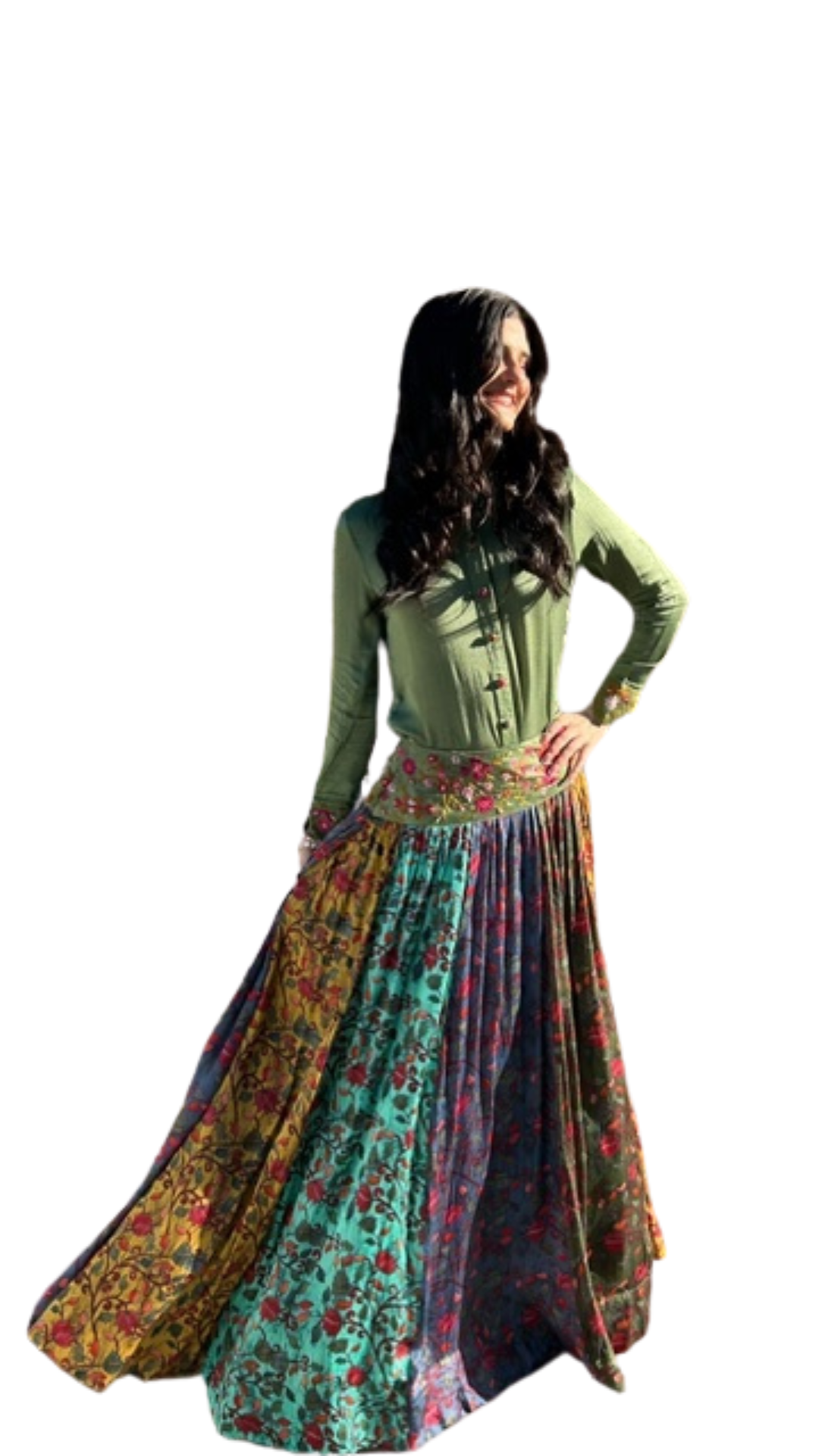 Silk Designer Green Crop Top Skirt - Rent