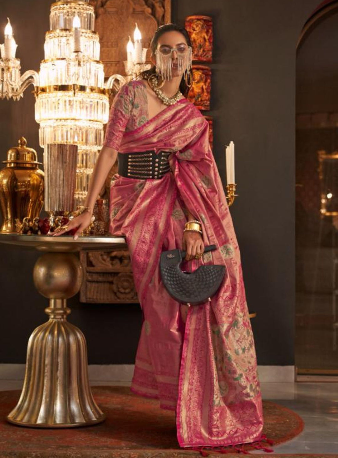 Pink Jacquard art silk saree - RENT