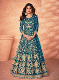 Net Teal Blue Wedding Wear Lehenga Front Side