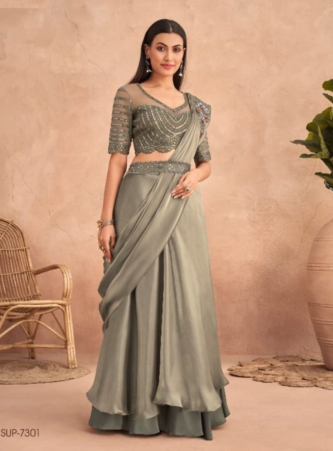 LIGHT GREY GEORGETTE EMBROIDERY SAREE - RENT
