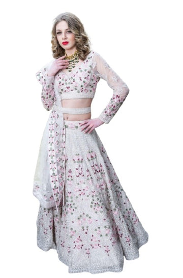 White Colored Heavy Sequence Work Net Lehenga - Rent