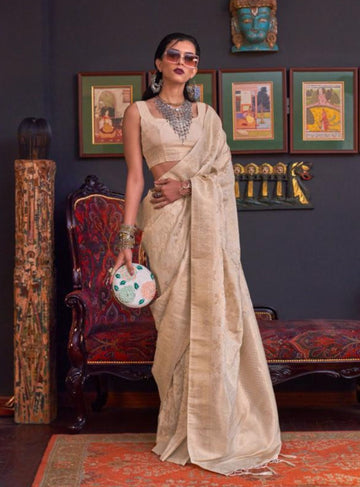 Elegant Jacquard Beige Katan Silk Saree - Rent