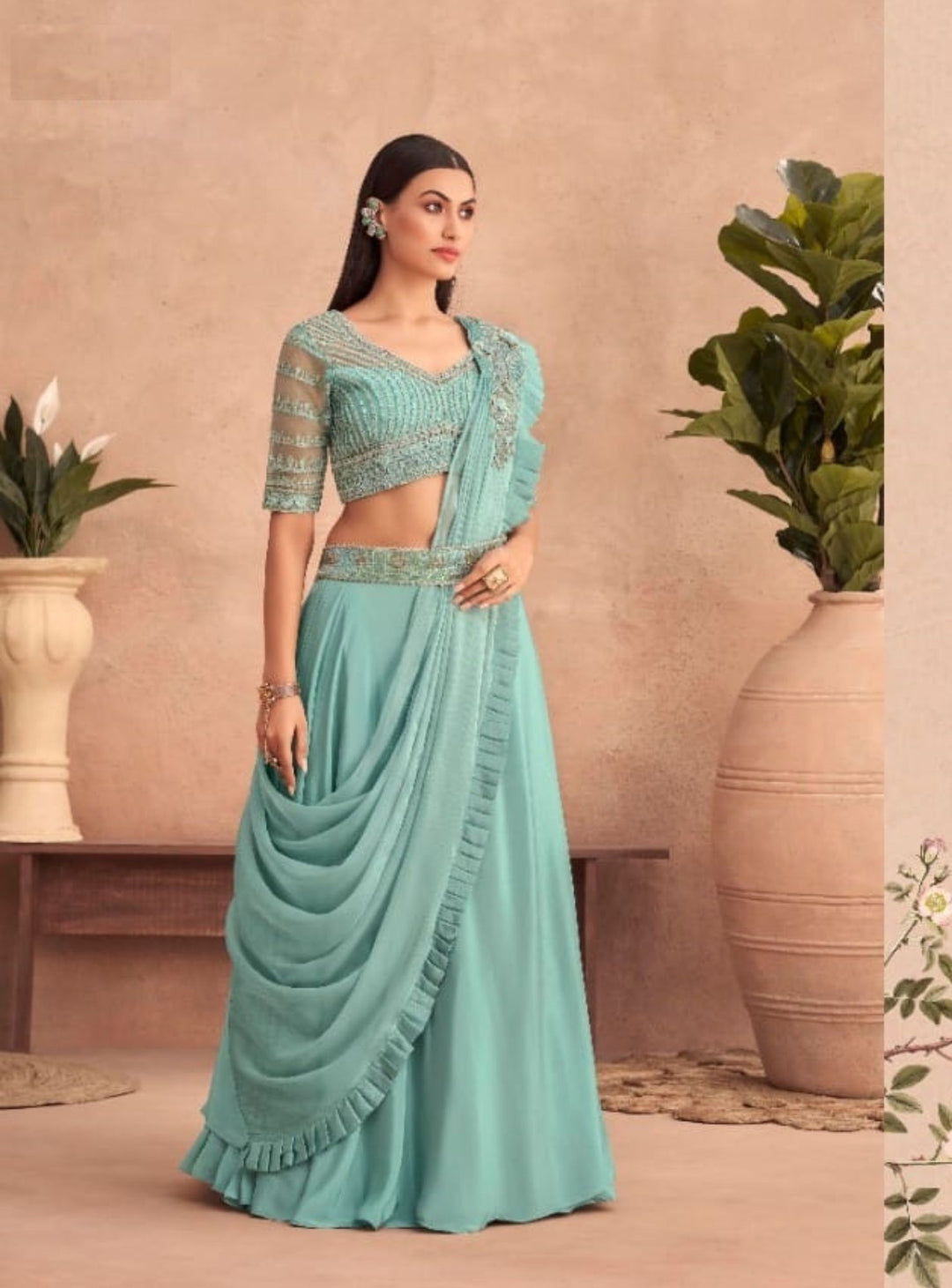 SEA GREEN GEORGETTE EMBROIDERY SAREE - RENT