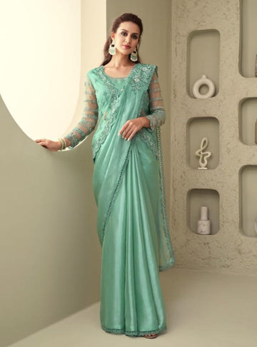 Elegant Mint Green Soft Silk Saree - Rent