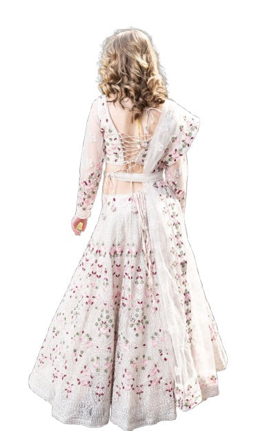 White Colored Heavy Sequence Work Net Lehenga - Rent