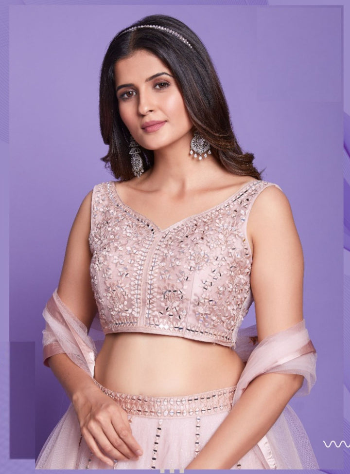 Baby pink lehenga with silver mirror embroidery- RENT