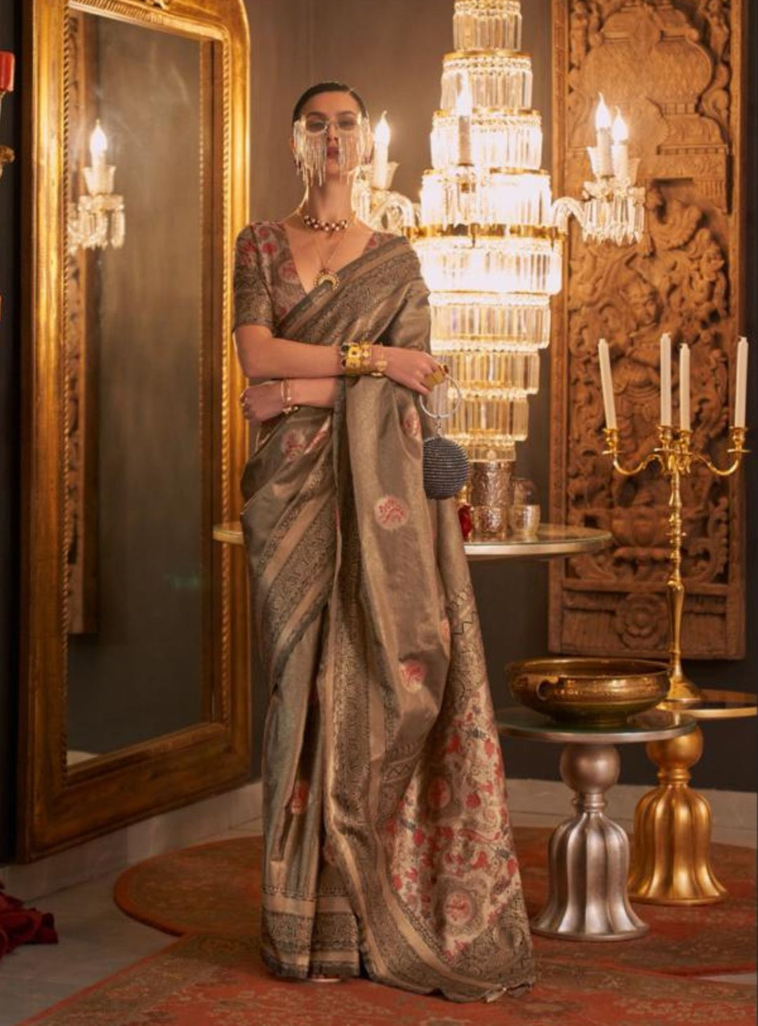Grey Jacquard art silk saree - RENT