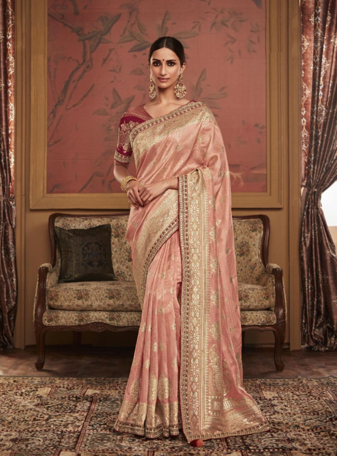 Blush Pink Embroidered Saree/peach Pink Saree/sari 