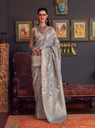 Elegant Jacquard Grey Katan Silk Saree - Rent