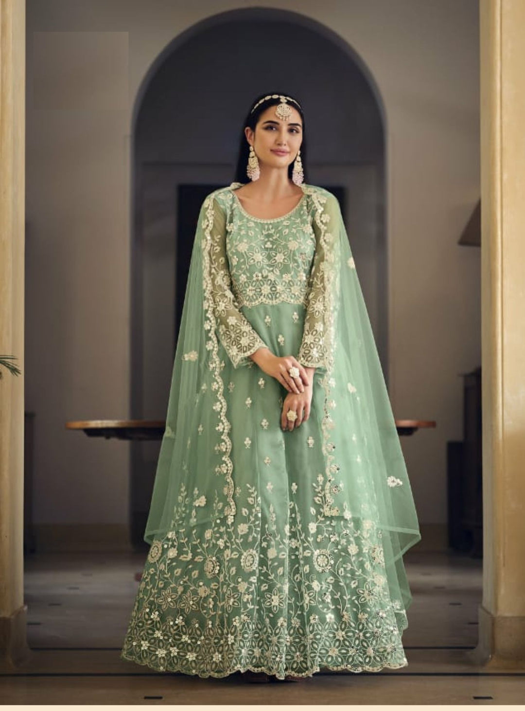 Beautiful green butterfly net embroidered anarkali - rent