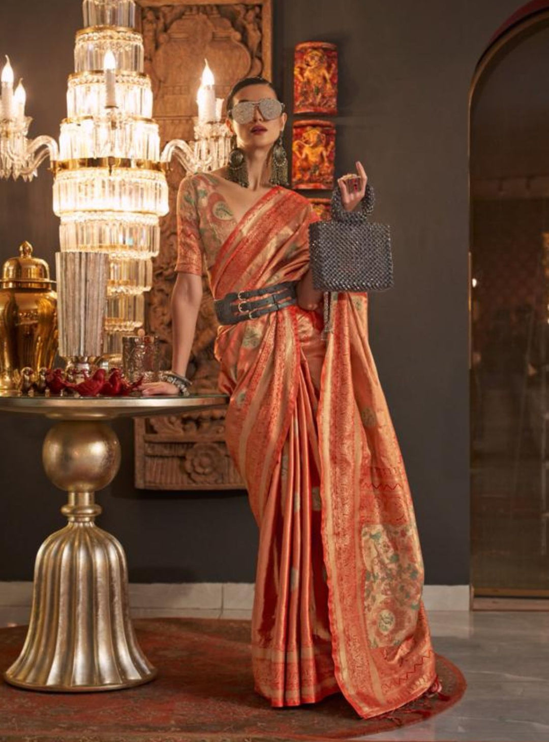 Orange Jacquard art silk saree - RENT