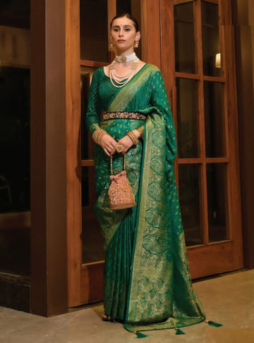 GREEN DESIGNER ART SILK SAREE WITH ROYAL JACQUARD MOTIFS - RENT