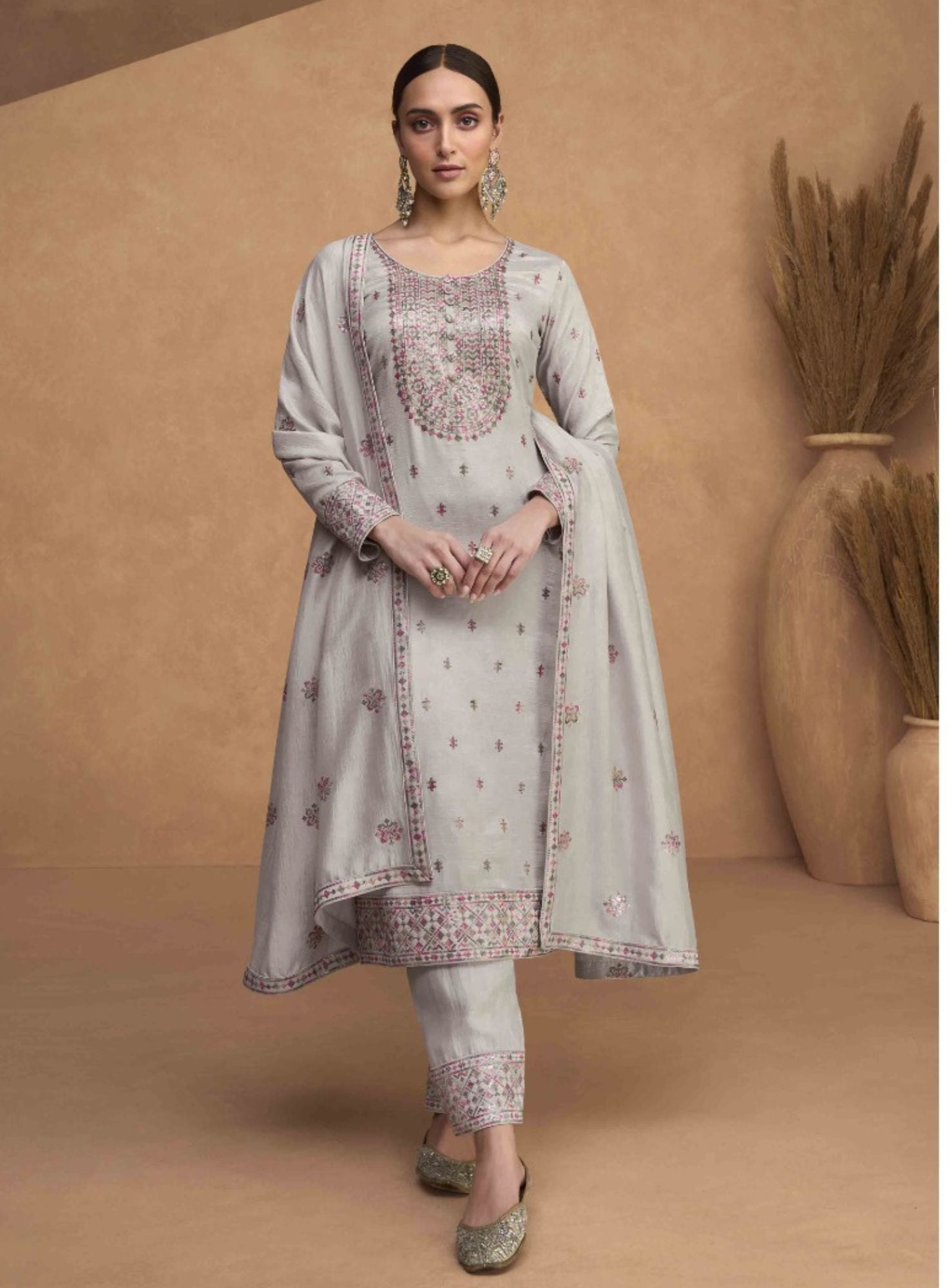 ELEGANT GREY ART SILK KURTA SET - RENT