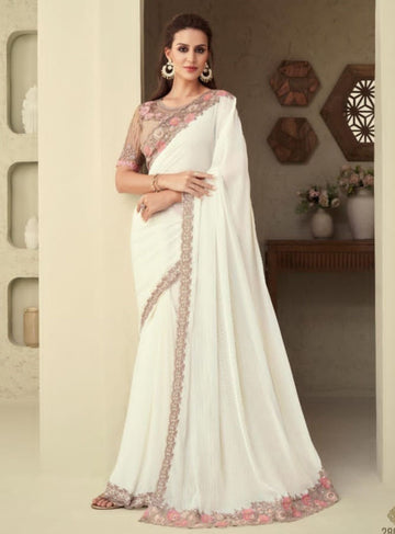 Elegant Snow White Soft Silk Saree - Rent