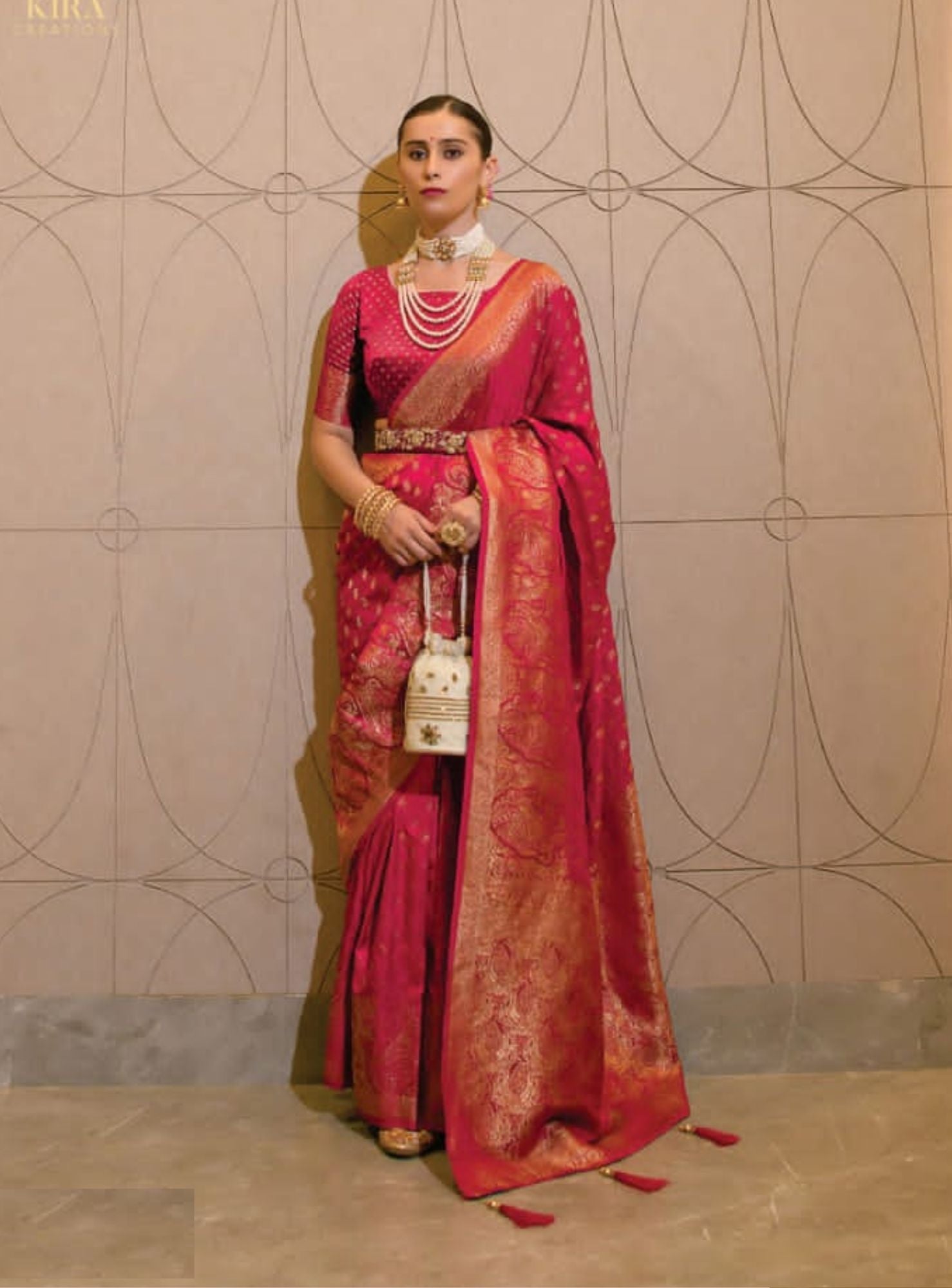 PINK DESIGNER ART SILK SAREE WITH ROYAL JACQUARD MOTIFS - RENT