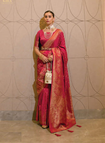 PINK DESIGNER ART SILK SAREE WITH ROYAL JACQUARD MOTIFS - RENT