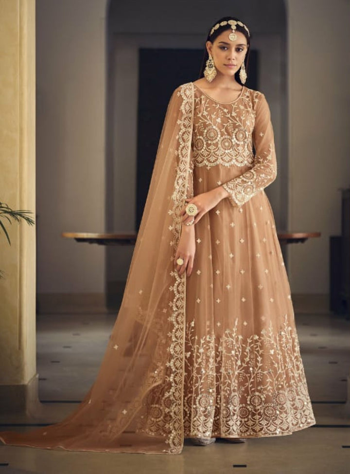 Beautiful brown butterfly net embroidered anarkali - rent