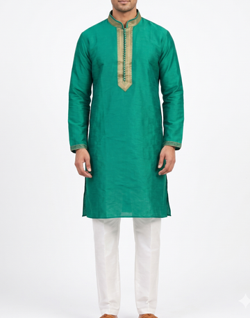 Emerald Green Art Silk Kurta for Men with Golden Embroidered Placket Festive & Wedding Wear
