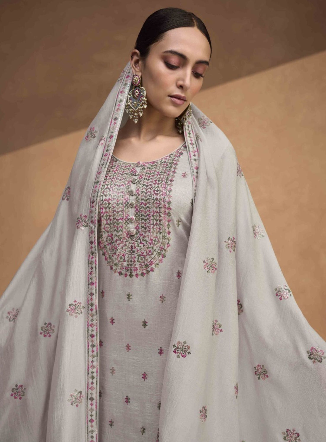 ELEGANT GREY ART SILK KURTA SET - RENT