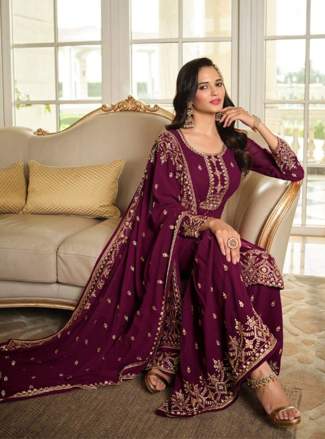 MAROON LONG KURTA GEORGETTE SHARARA SET - RENT