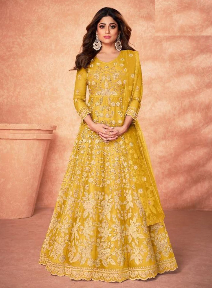 Yellow Embroidered Anarkali Suit Front Side