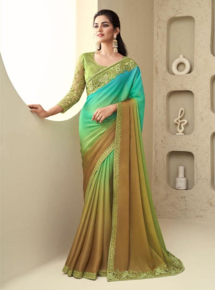 ELEGANT GREEN AND BROWN OMBRE SOFT SILK SAREE - RENT
