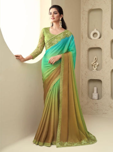 Elegant Green And Brown Ombre Soft Silk Saree - Rent