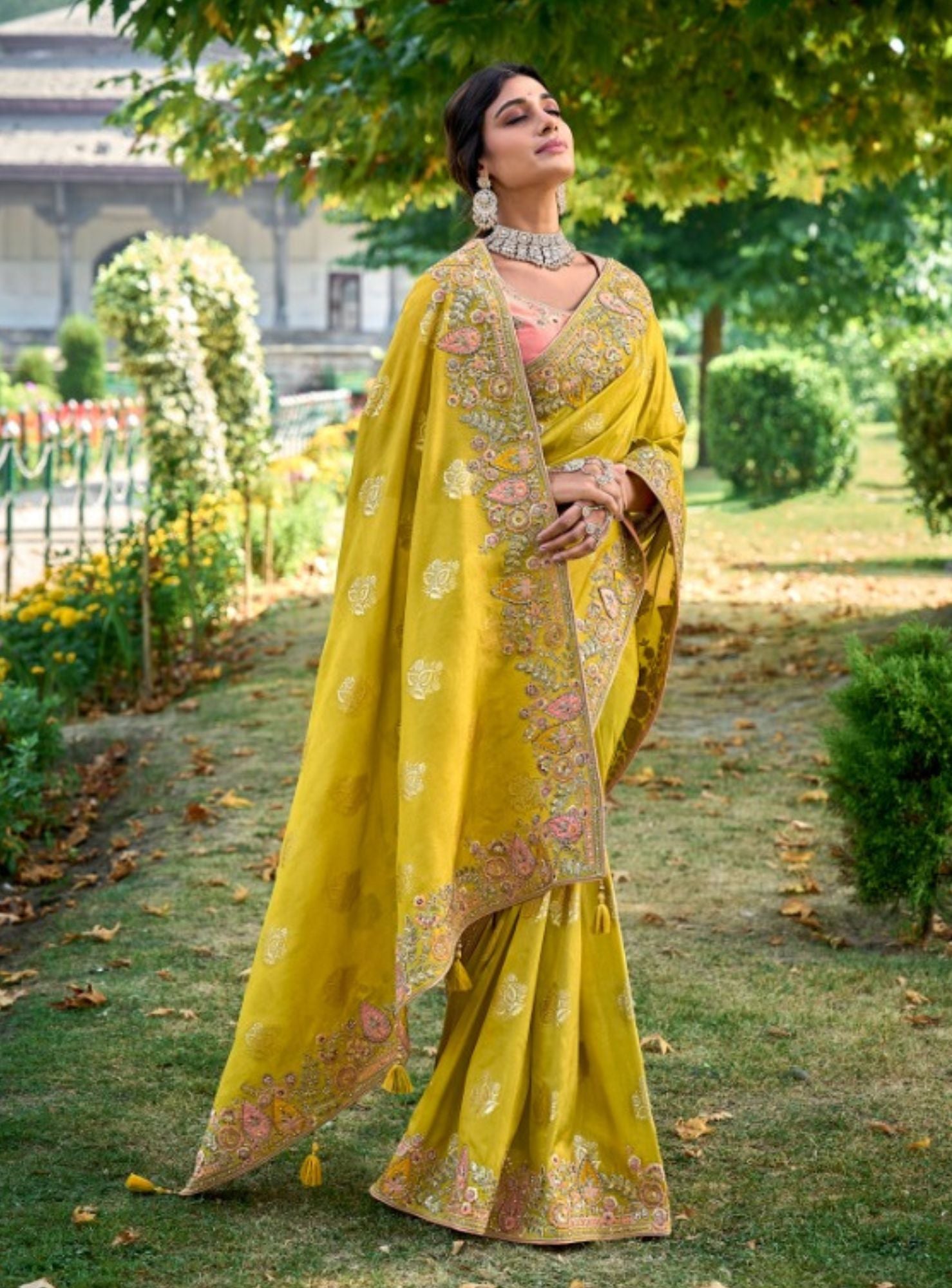 LEMON YELLOW ELEGANT AND TRENDY DESIGNER EMBROIDERY SAREE - RENT