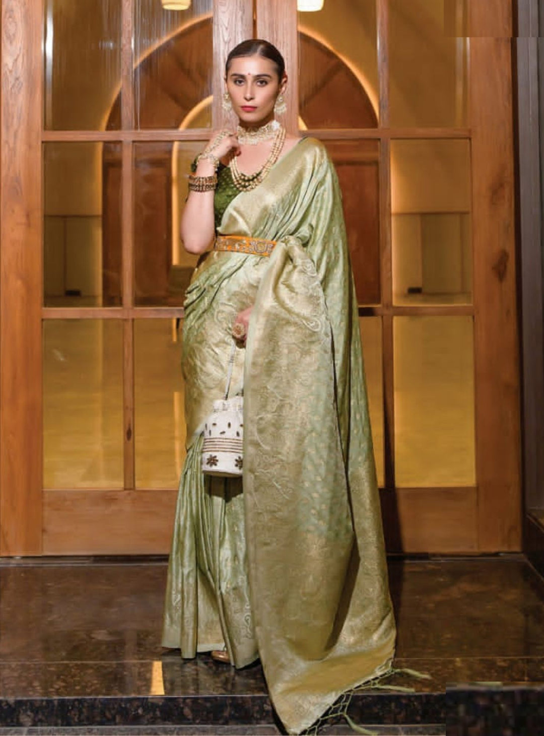 Pista Green Saree with Desinger Blouse for Ladies Sangeet Saree