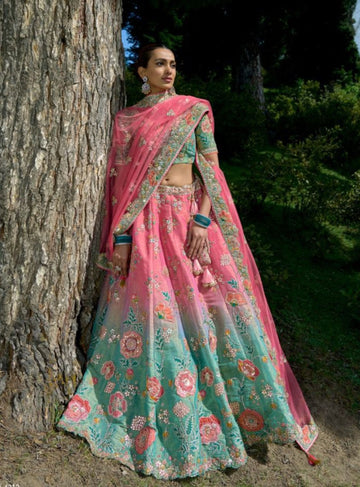 Heavy Embroidery Trendy Motif Pink Ombre Lehenga Choli Set - Rent