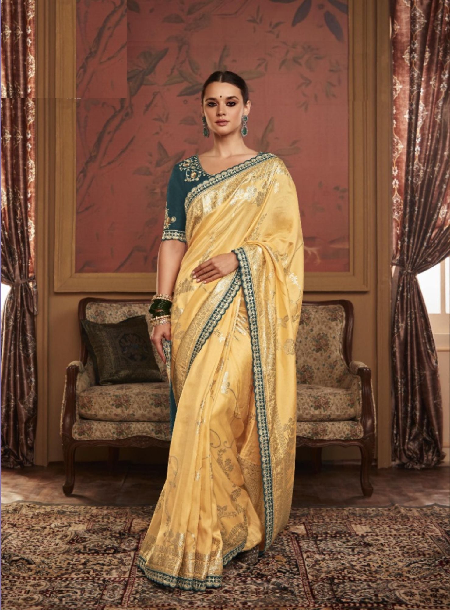 Buy Peach Organza Thread zari work Designer Saree