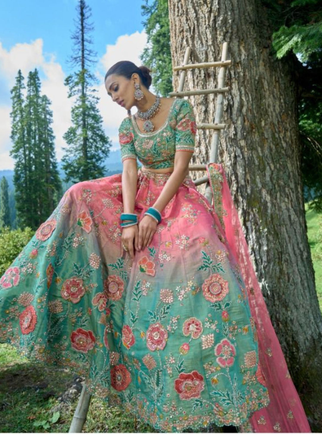 Heavy Embroidery Trendy Motif Pink Ombre Lehenga Choli Set - Rent