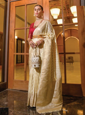 CREAM DESIGNER ART SILK SAREE WITH ROYAL JACQUARD MOTIFS - RENT