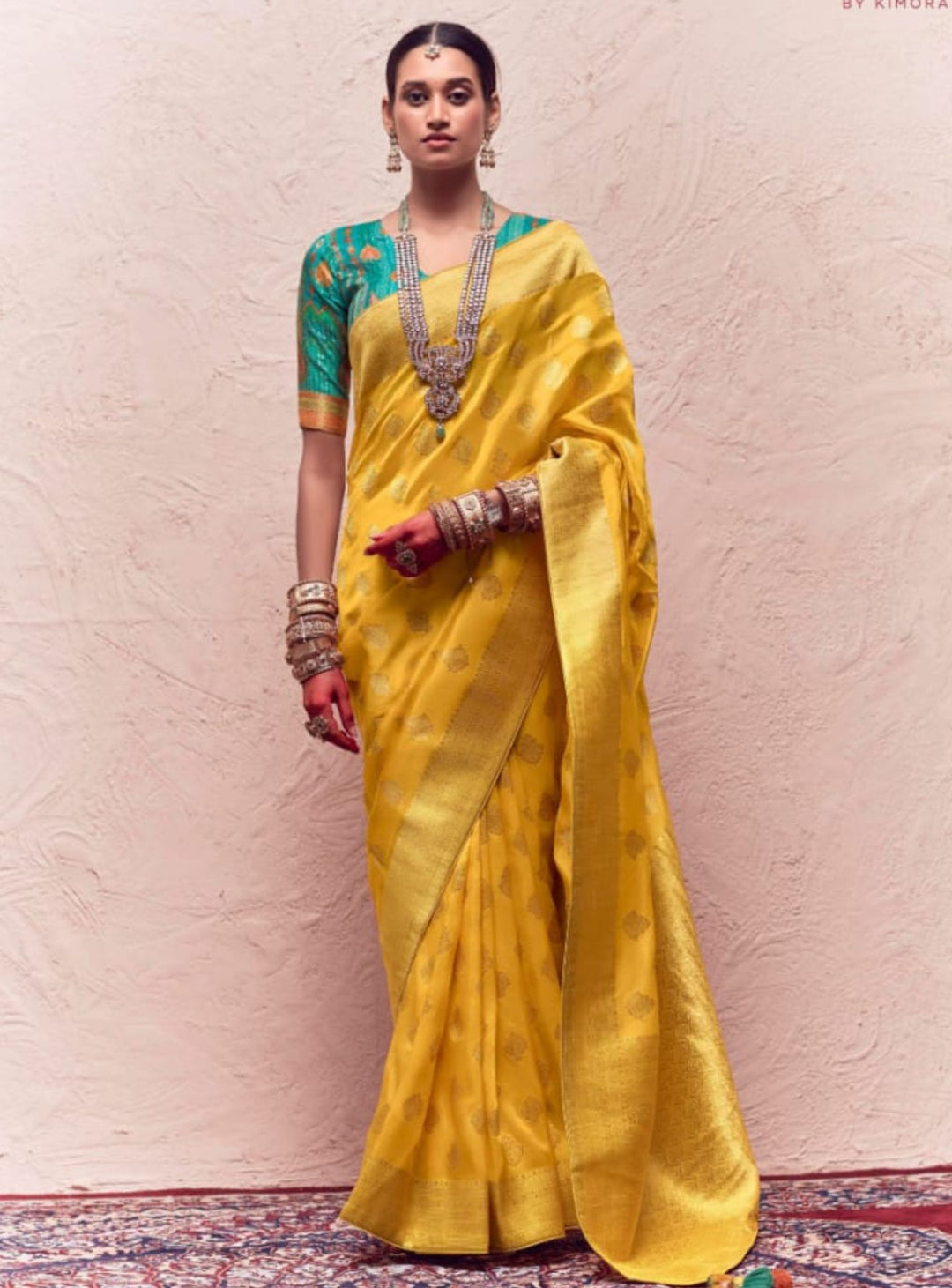 Beautiful yellow and gold jacquard silk saree - rent