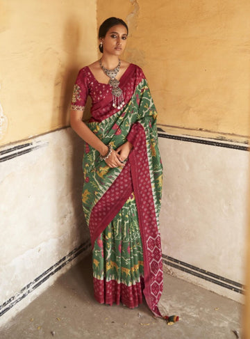 Green Ikat Print Designer Saree - Rent