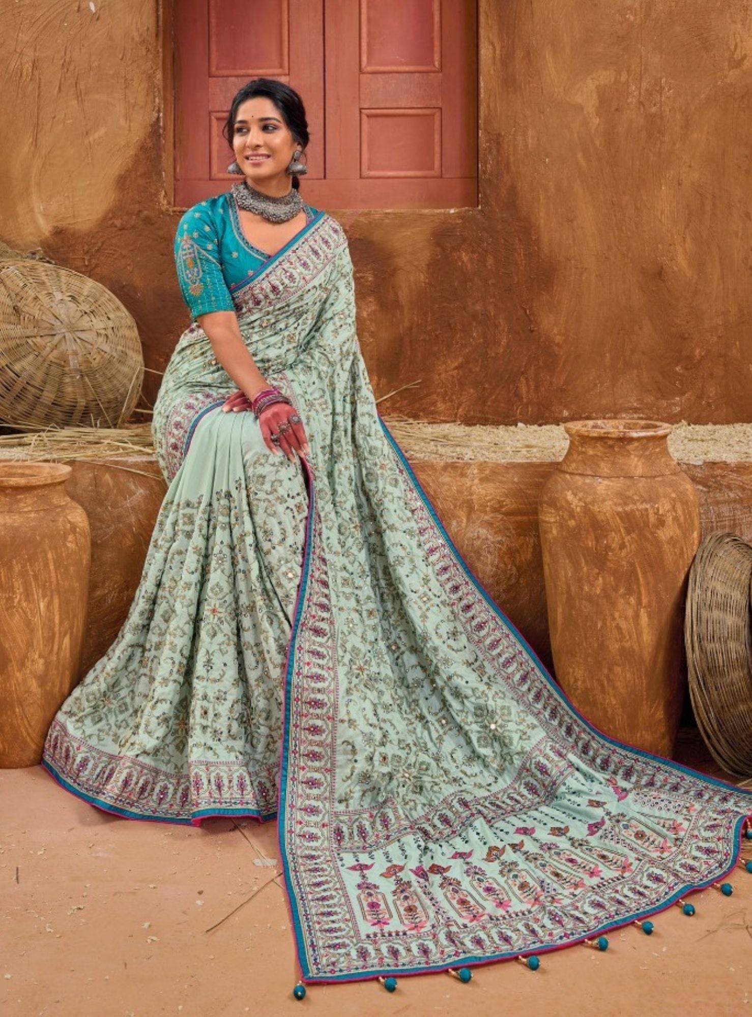 SEA GREEN BANARAS SILK SAREE WITH PURE KACHHI WORK - RENT